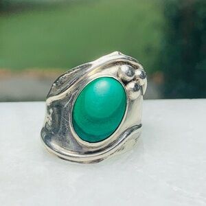 Vintage Sterling Silver Green Onyx Ring Size 8 Modernist Statement